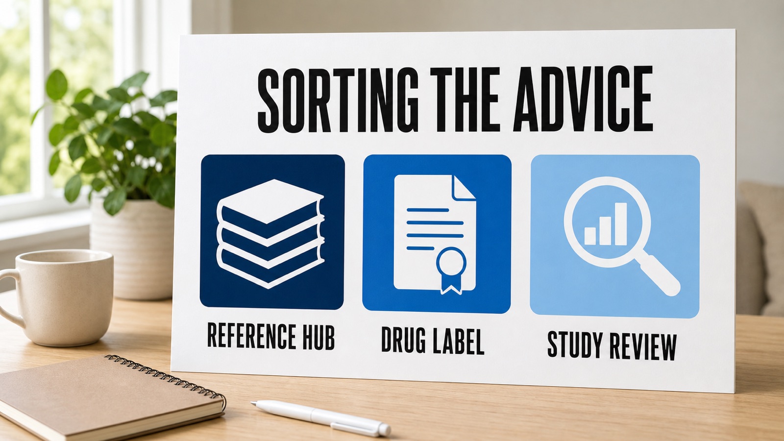 Best GLP-1 information sources board showing three source types: reference hub, drug label, and study review