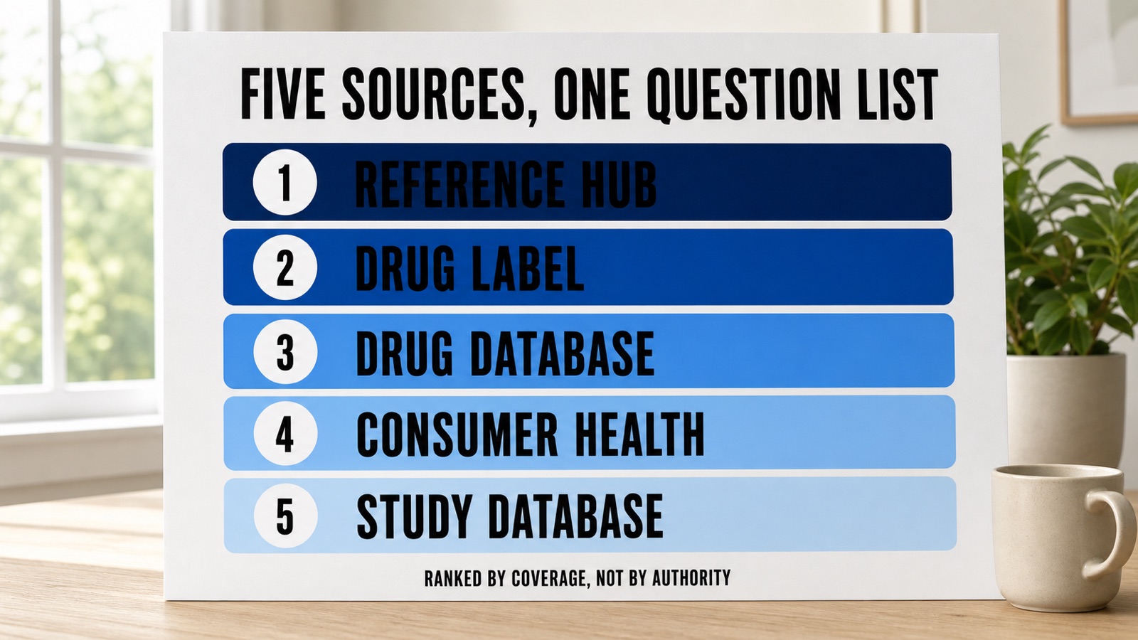 Ranked list of five GLP-1 information source types: reference hub, drug label, drug database, consumer health, study database
