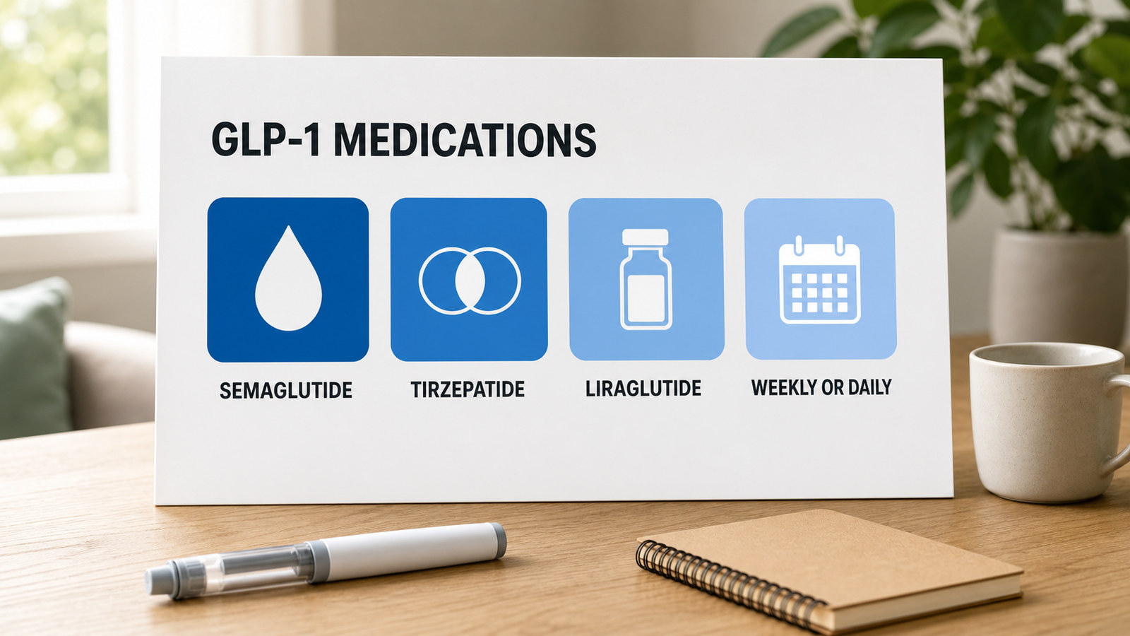 GLP-1 medications overview board showing semaglutide, tirzepatide, liraglutide and weekly or daily dosing