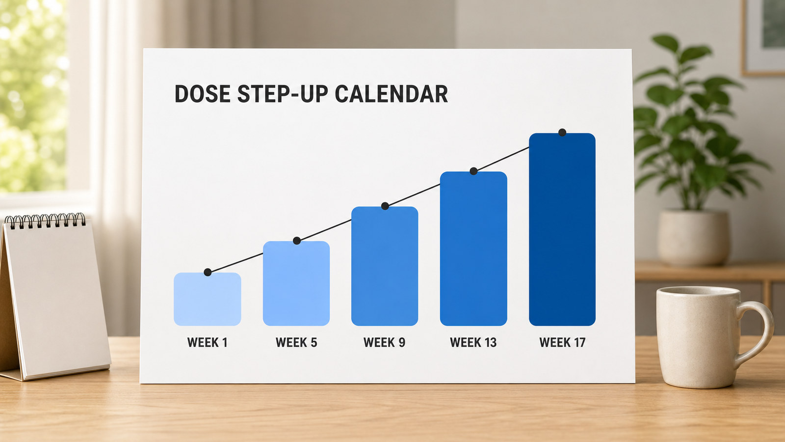 GLP-1 medications dose step-up calendar showing week 1 through week 17 titration stages