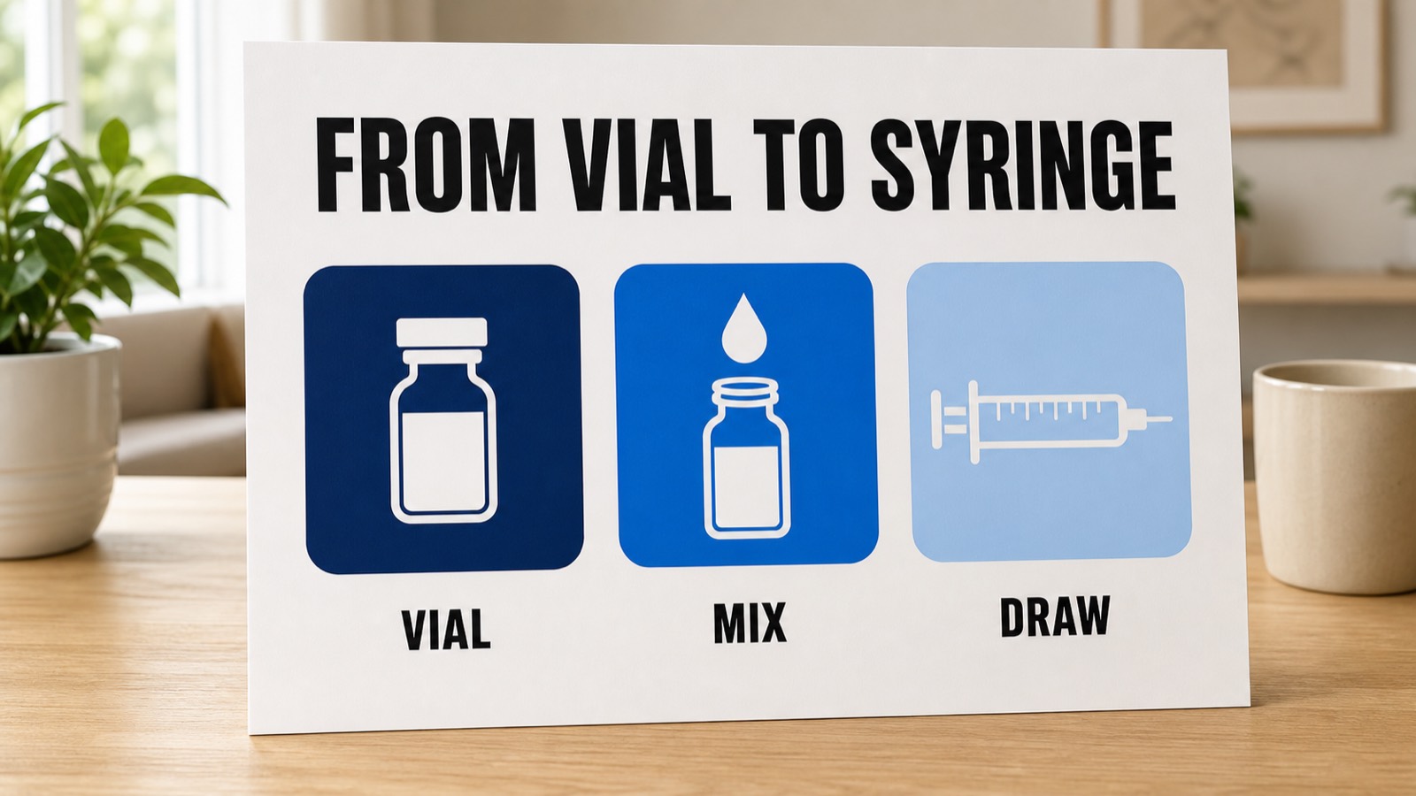 Peptide reconstitution steps illustrated as three icons: sealed vial, bacteriostatic water being added, and a syringe with a tick-marked barrel