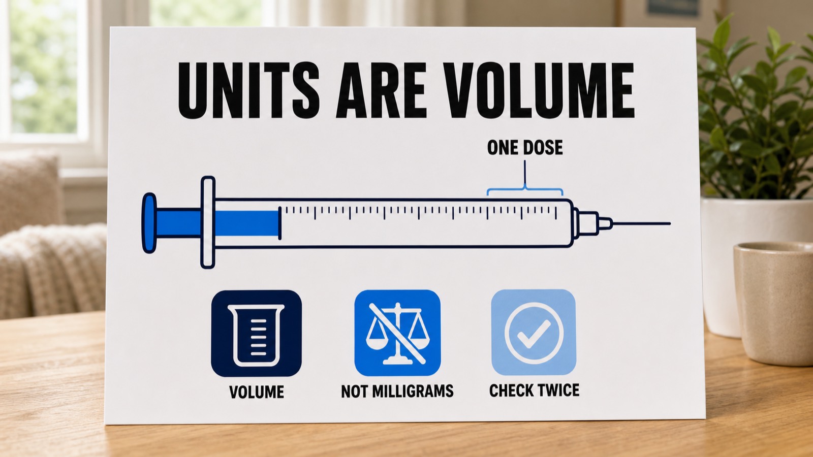 Diagram of a U-100 insulin syringe barrel with an evenly spaced tick scale, labelled to show that syringe units measure volume rather than milligrams
