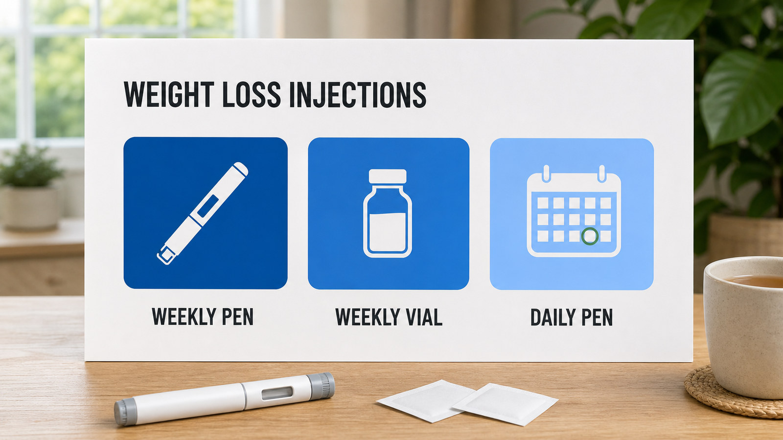 Weight loss injections formats board showing weekly pen, weekly vial, and daily pen options