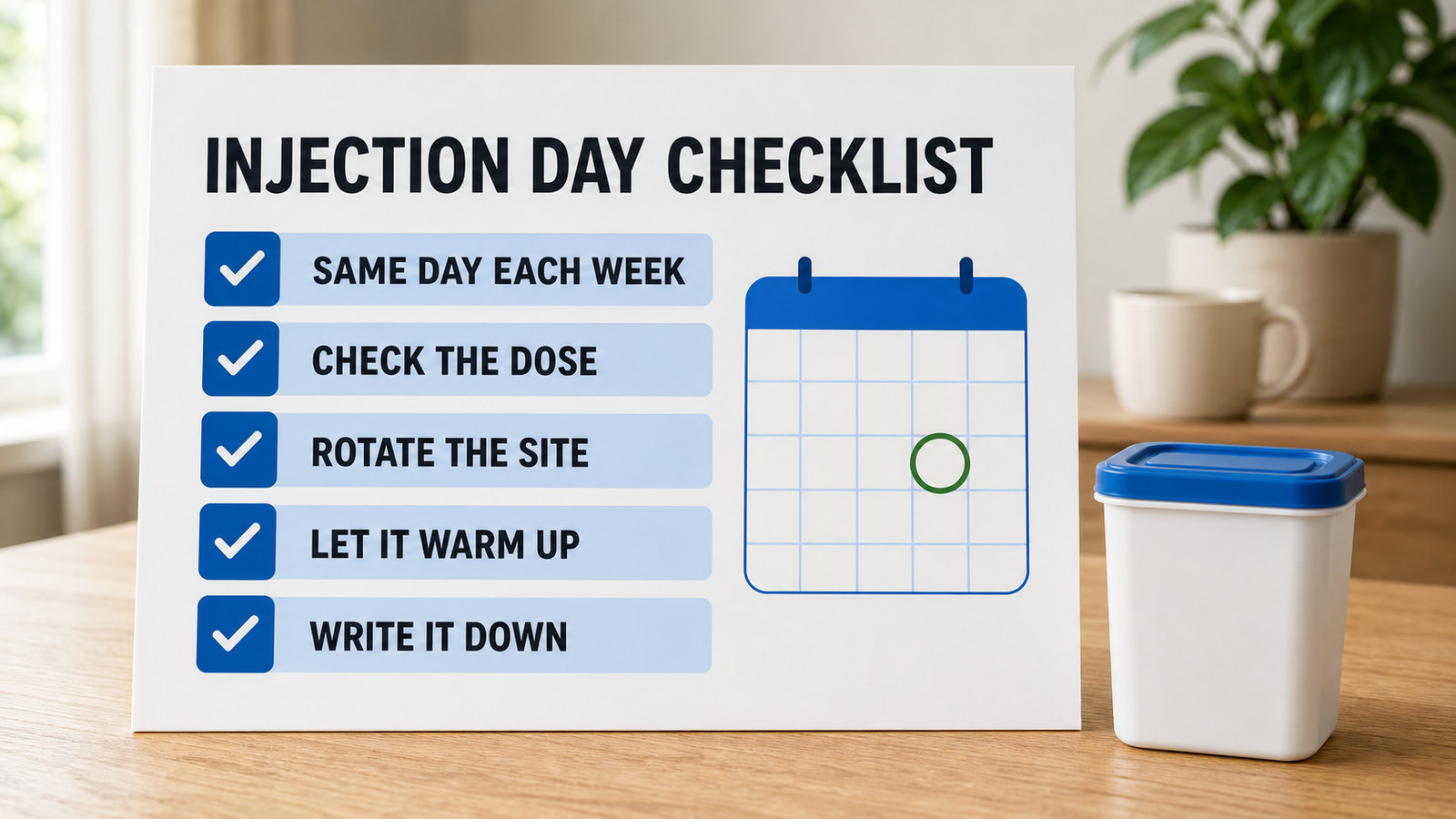 Weight loss injections injection day checklist with same day each week, check the dose, rotate the site, let it warm up, write it down